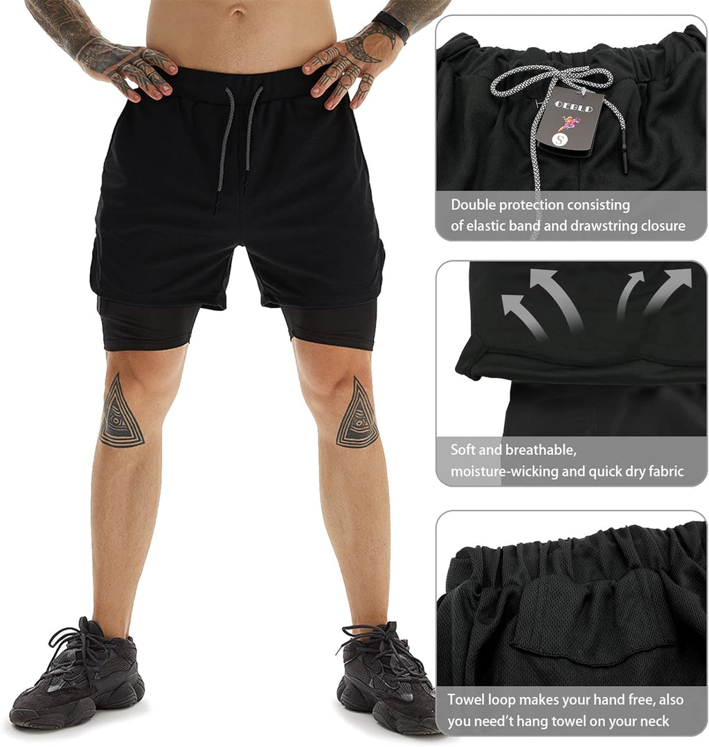 OEBLD Mens Athletic Shorts 2-In-1 Gym Workout Running 7'' Shorts with Towel Loop