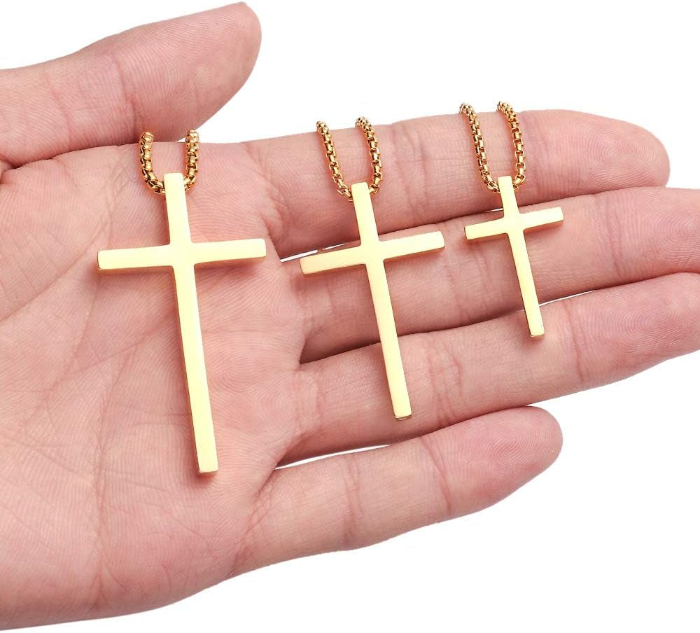 M MOOHAM Cross Necklace for Men Teen Boys, Silver Black Gold Stainless Steel Plain Cross Pendant Necklace Box Chain 16-30 Inch