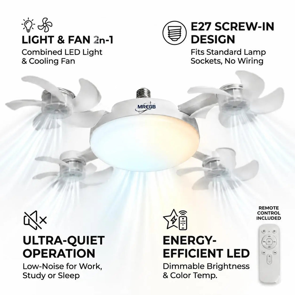 MREGB 2026 New E27 Socket Ceiling Fan Light - 2-In-1 Silent LED Fan with Remote Control, Energy-Saving Cooling & Lighting Combo for Home Bedroom