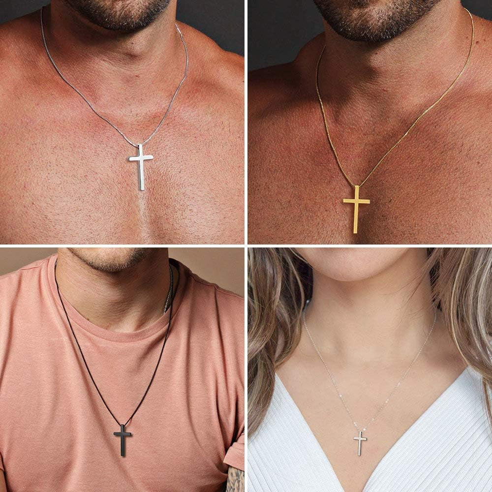 M MOOHAM Cross Necklace for Men Teen Boys, Silver Black Gold Stainless Steel Plain Cross Pendant Necklace Box Chain 16-30 Inch