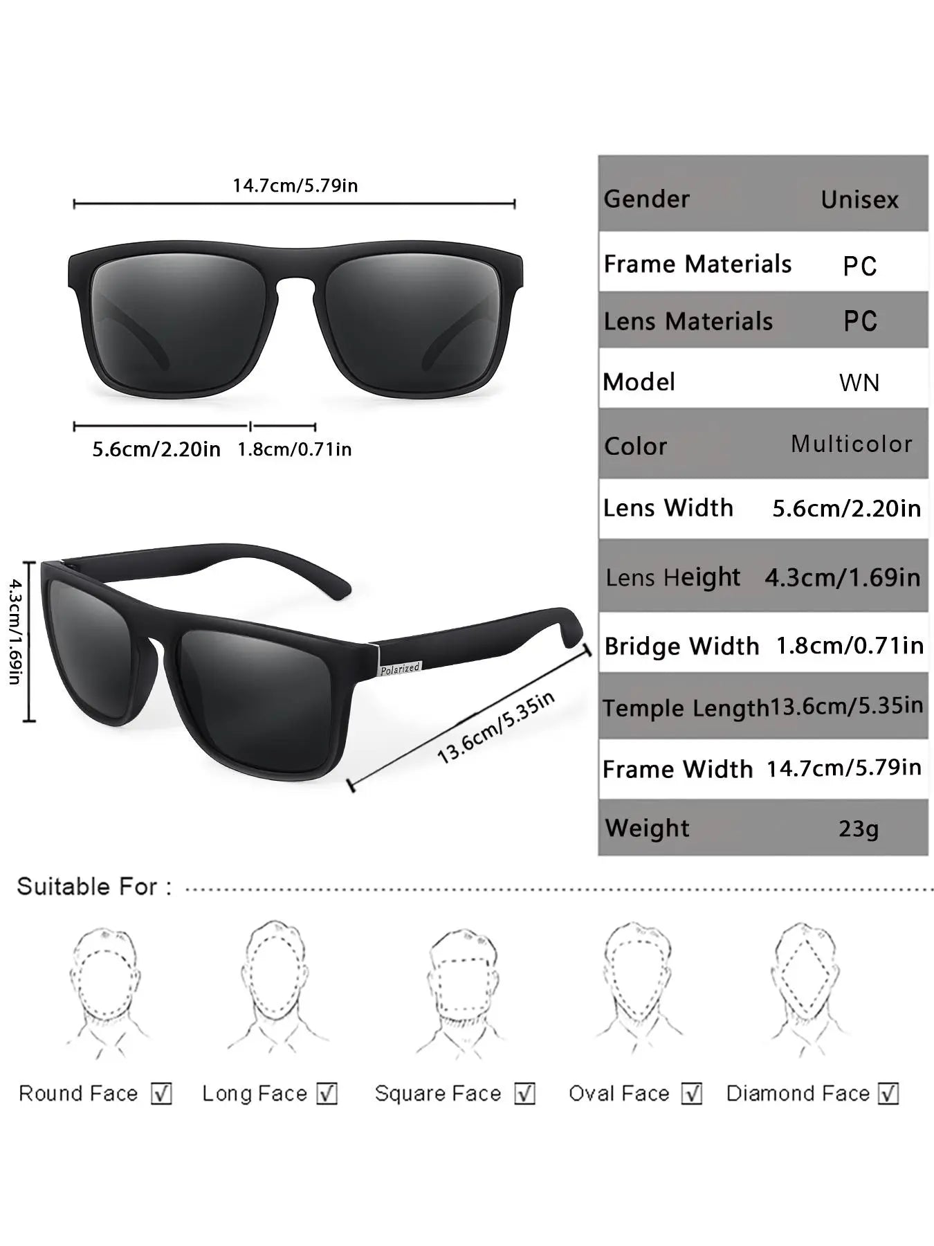 Unisex Simple-Style Solid Color Polarized Sunglasses Set, Trendy Casual Square-Frame Sunglasses for Everyday Use, Fashion Accessories for Outdoor Activities