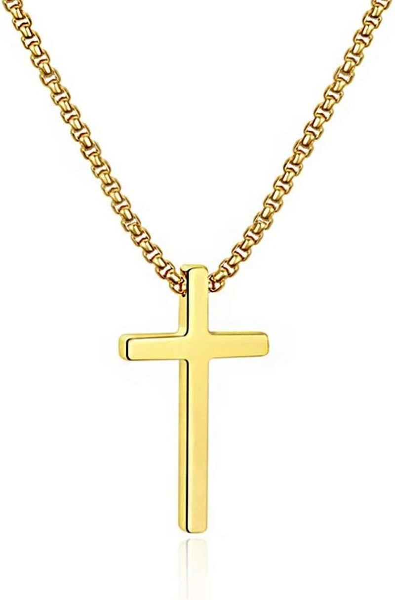 M MOOHAM Cross Necklace for Men Teen Boys, Silver Black Gold Stainless Steel Plain Cross Pendant Necklace Box Chain 16-30 Inch