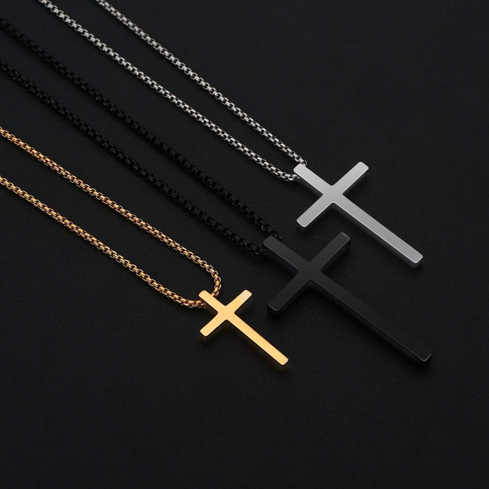 M MOOHAM Cross Necklace for Men Teen Boys, Silver Black Gold Stainless Steel Plain Cross Pendant Necklace Box Chain 16-30 Inch