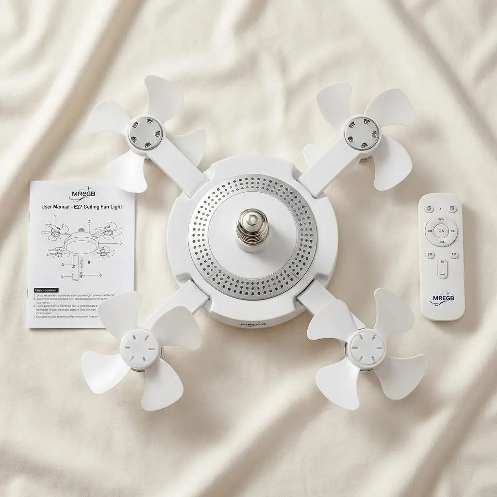 MREGB 2026 New E27 Socket Ceiling Fan Light - 2-In-1 Silent LED Fan with Remote Control, Energy-Saving Cooling & Lighting Combo for Home Bedroom