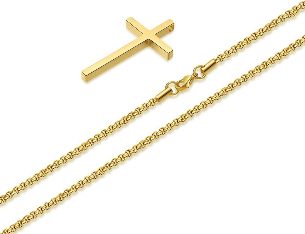 M MOOHAM Cross Necklace for Men Teen Boys, Silver Black Gold Stainless Steel Plain Cross Pendant Necklace Box Chain 16-30 Inch
