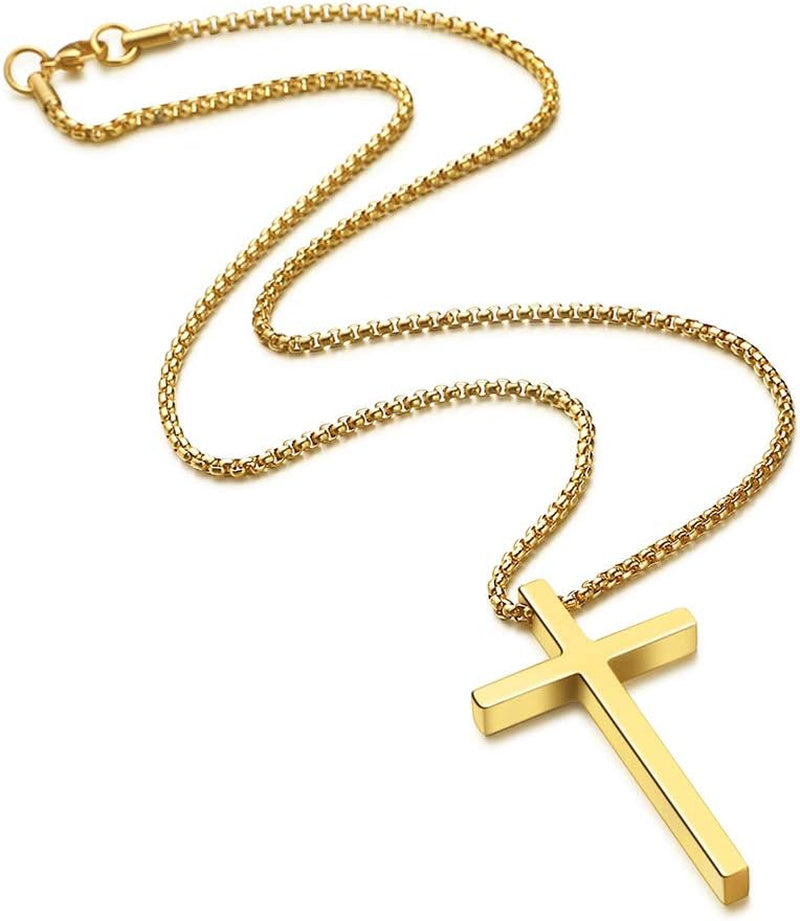 M MOOHAM Cross Necklace for Men Teen Boys, Silver Black Gold Stainless Steel Plain Cross Pendant Necklace Box Chain 16-30 Inch